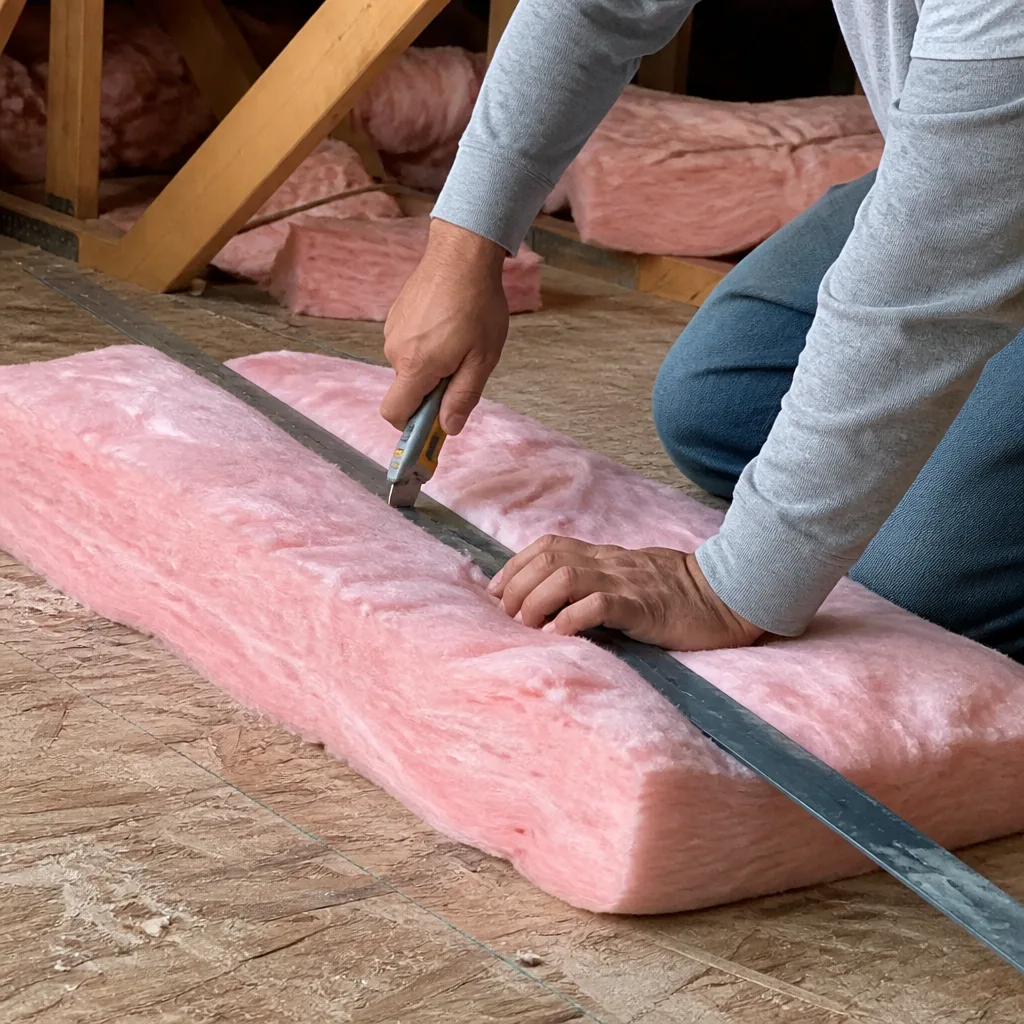 Professional cutting pink fiberglass attic insulation batts with a utility knife.