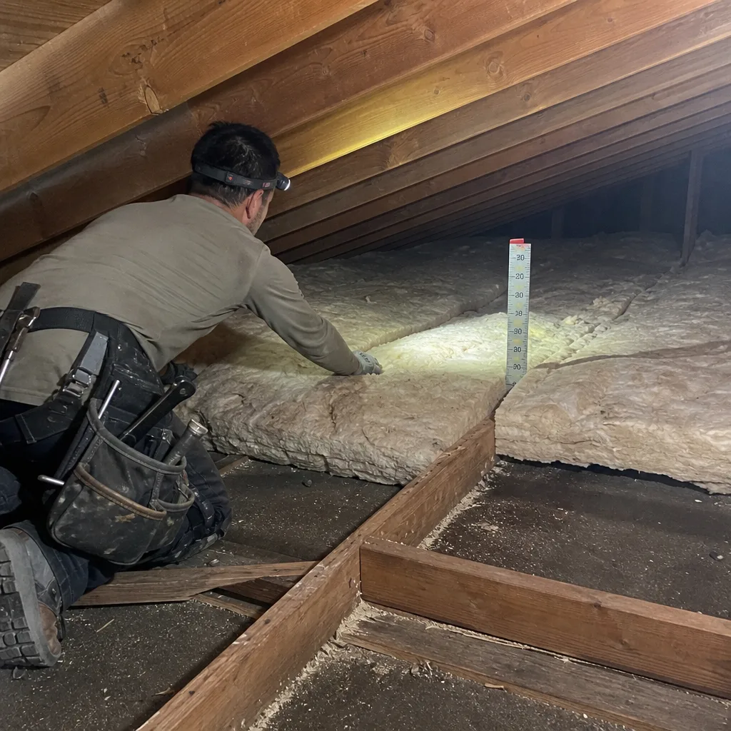 Professional contractor installing fiberglass attic insulation for energy efficiency