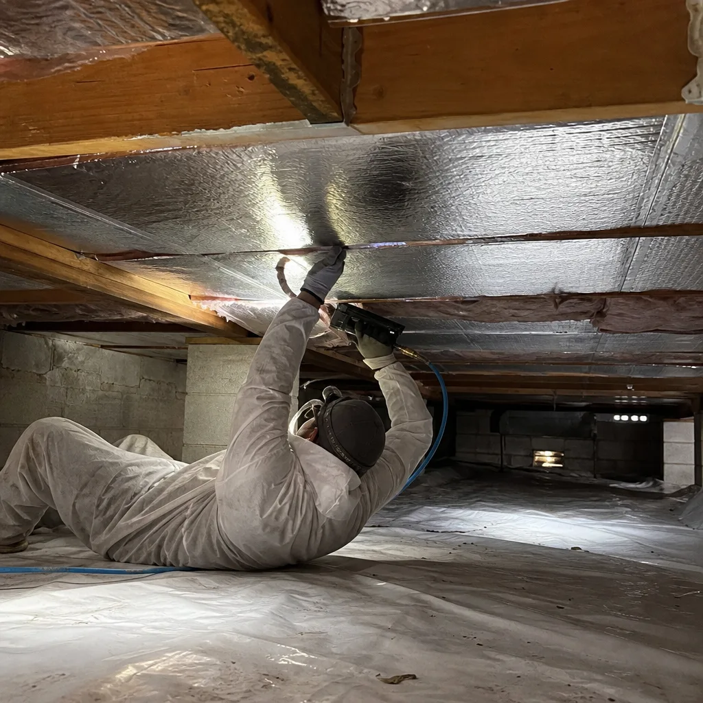 Technician installing crawl space insulation and vapor barrier vapor sheeting
