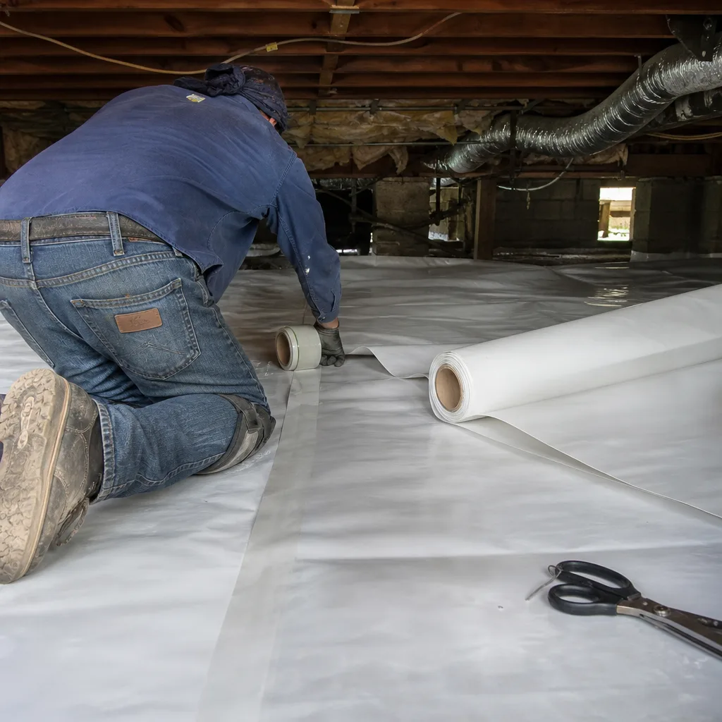 Technician installing white vapor barrier liner in residential crawl space