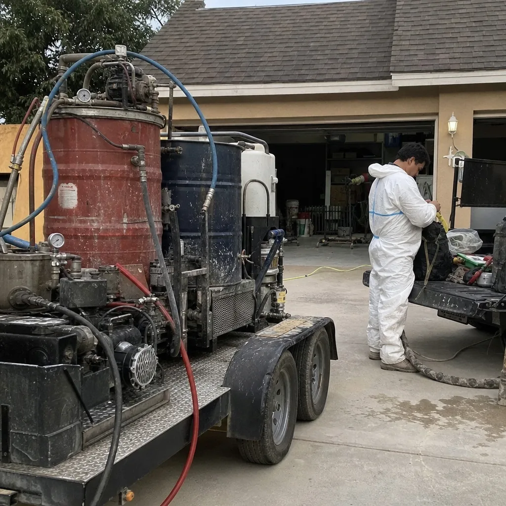 Technician in protective suit using professional spray foam insulation equipment