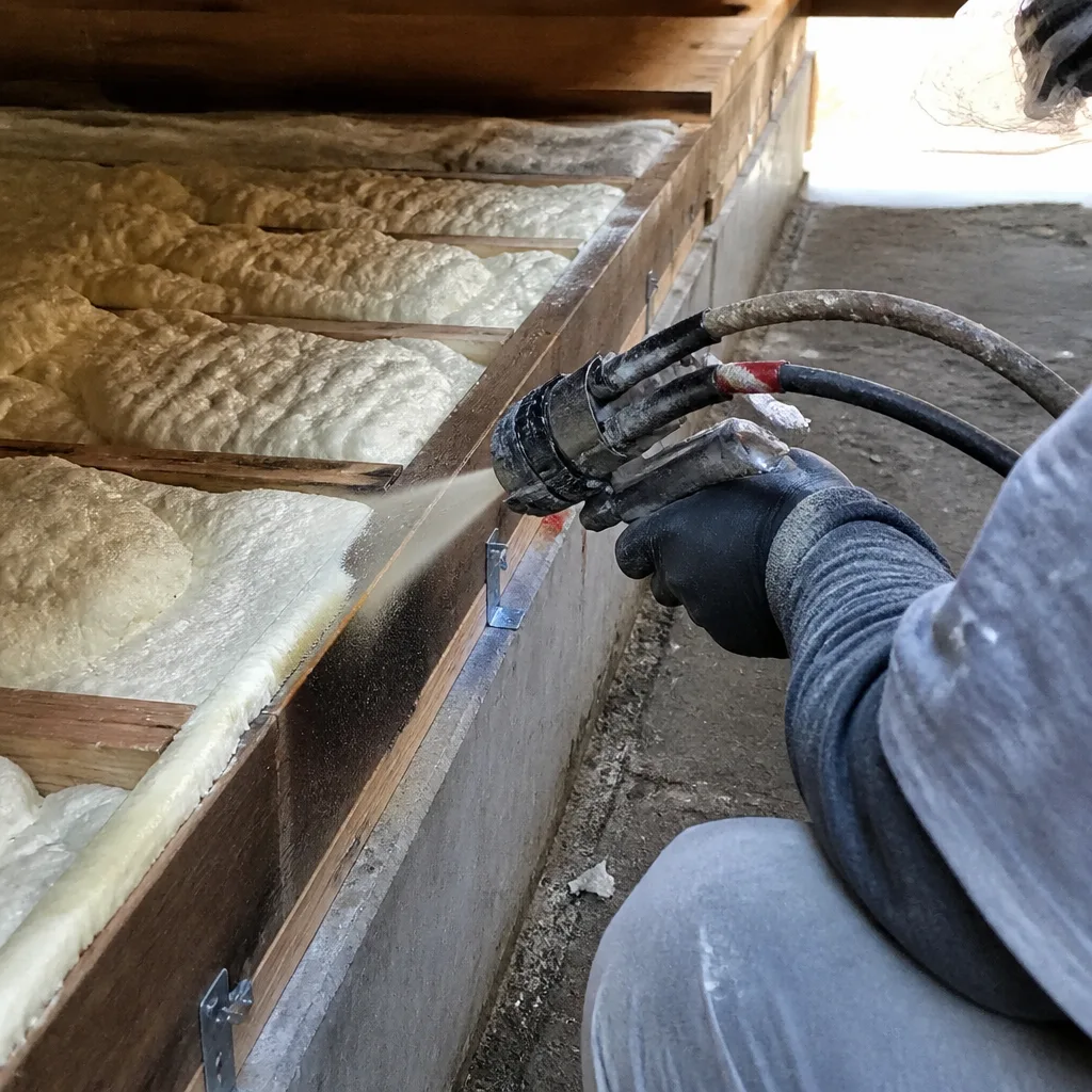 Professional contractor applying spray foam insulation between wooden floor joists