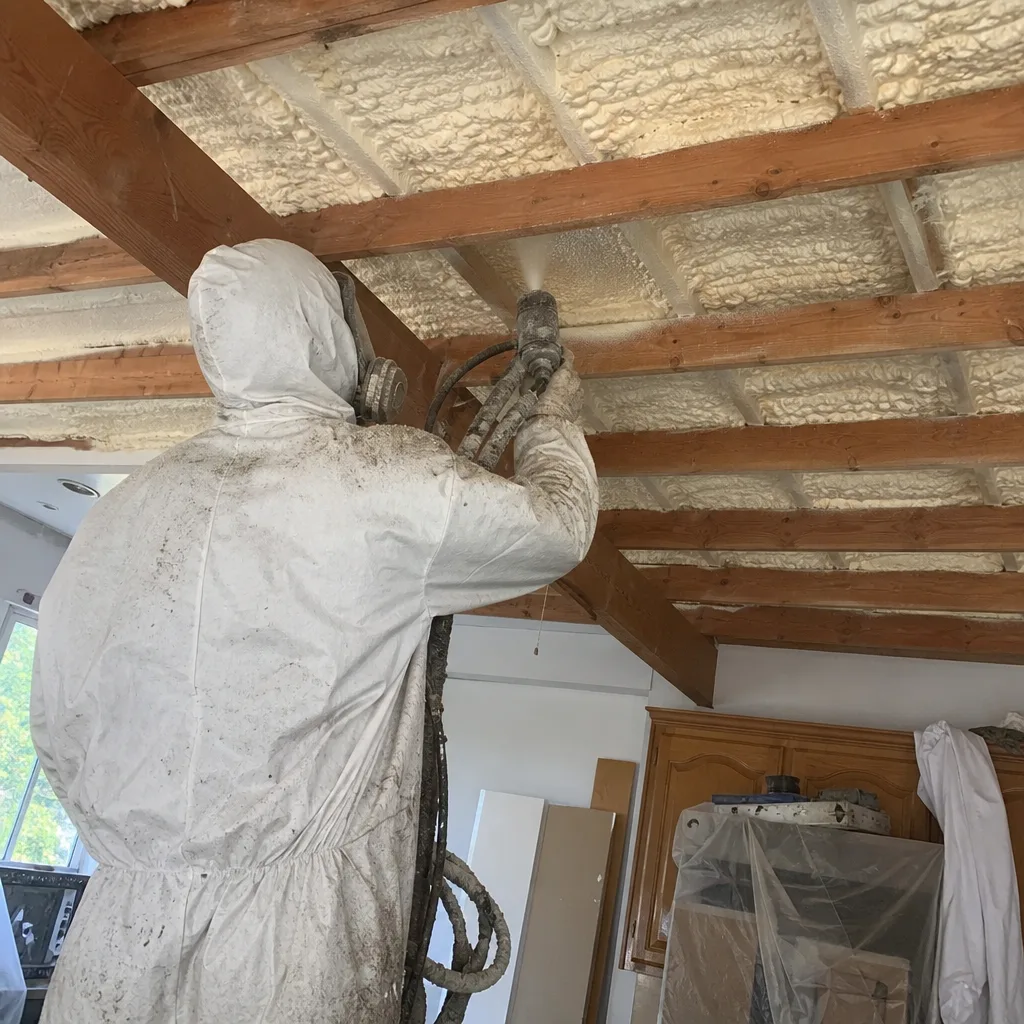 Professional applying spray foam insulation to ceiling between wooden beams